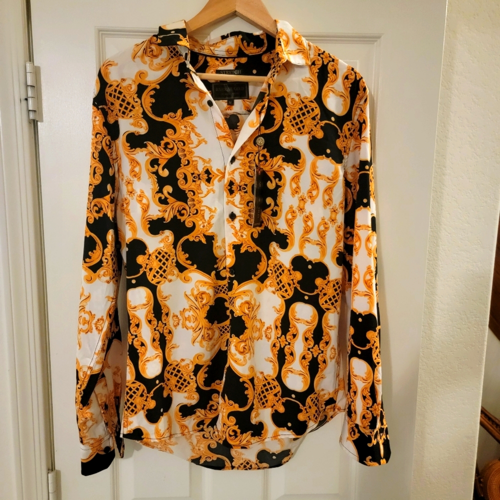NEW Drill Baroque Gold Famous Italian Designer Style Mens Dress Sleeve Medium